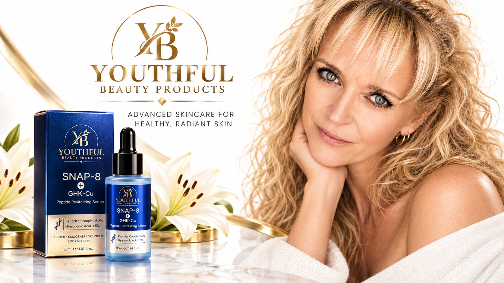 Youthful Beauty Products SNAP-8 + GHK-Cu Peptide Revitalizing Serum shown with a smiling model on a marble surface